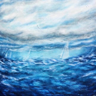 Peinture abstraite représentant la mer et le ciel en nuances de bleu et blanc.