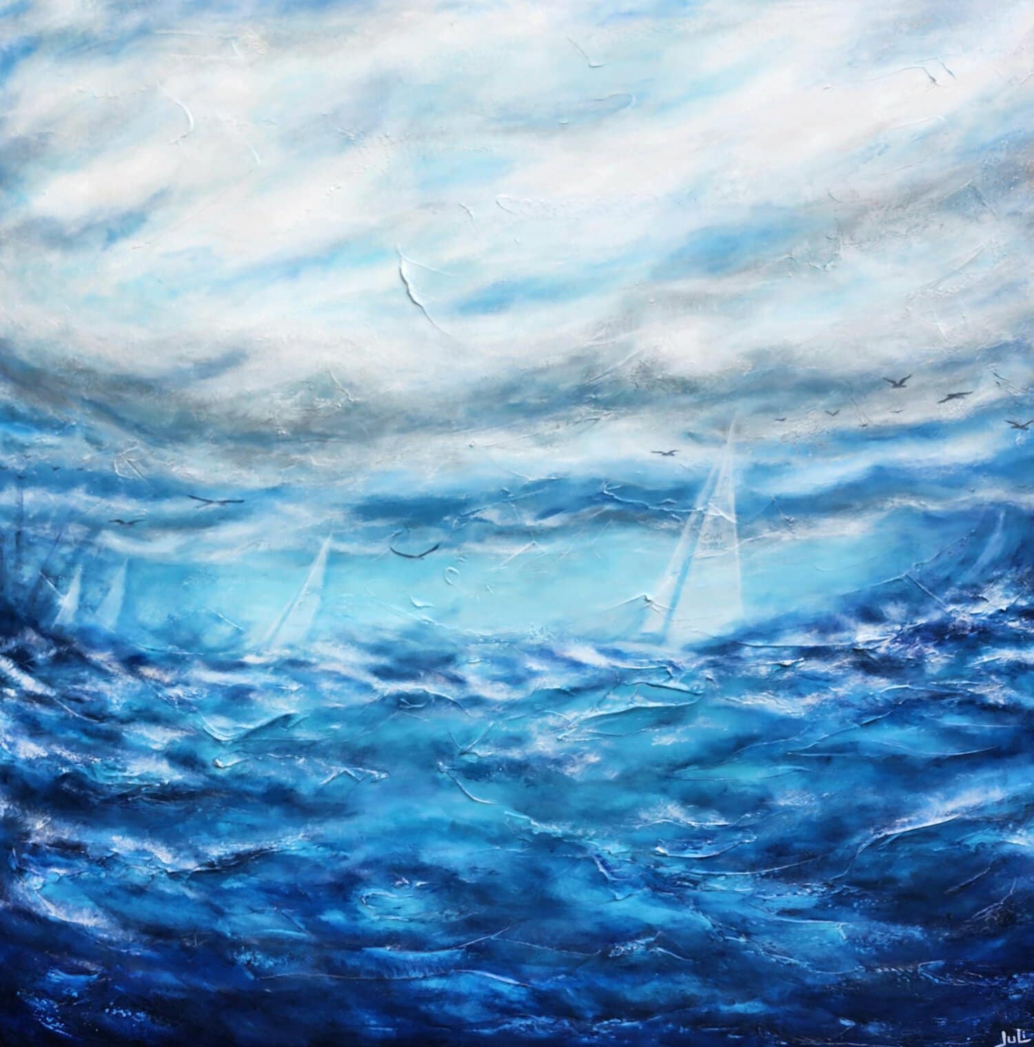 Peinture abstraite représentant la mer et le ciel en nuances de bleu et blanc.