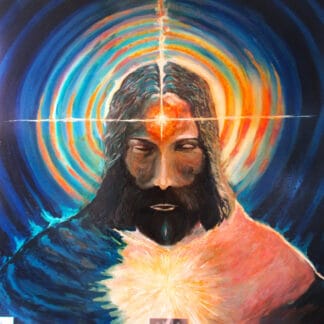 Image artistique de Jésus avec aura lumineuse et rayons colorés.