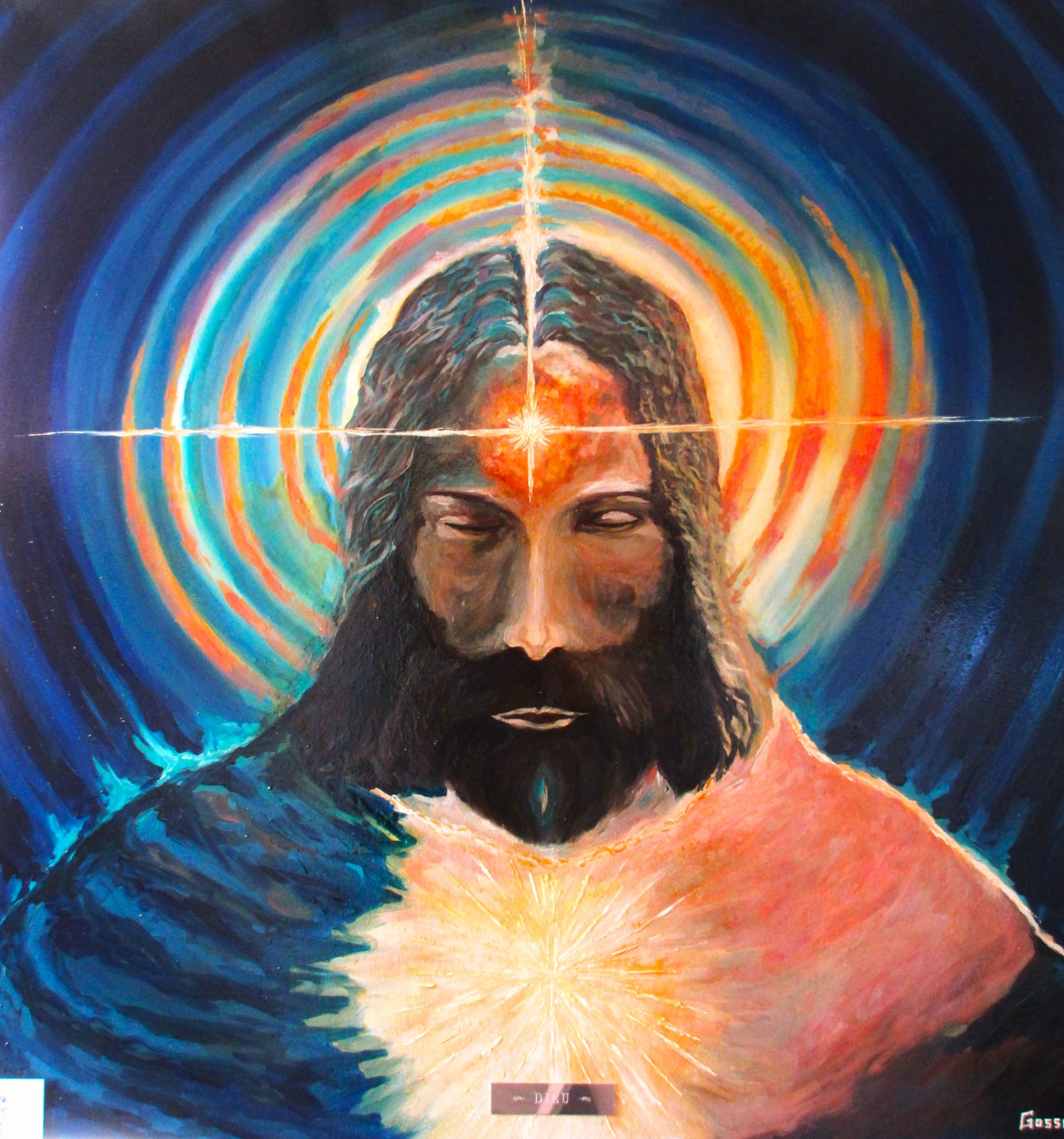 Image artistique de Jésus avec aura lumineuse et rayons colorés.
