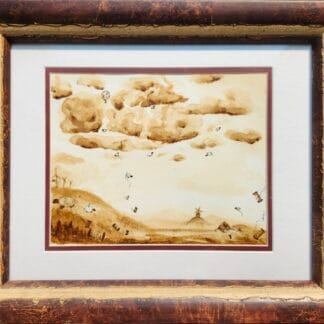 Peinture de paysage vintage avec nuages et moulin.