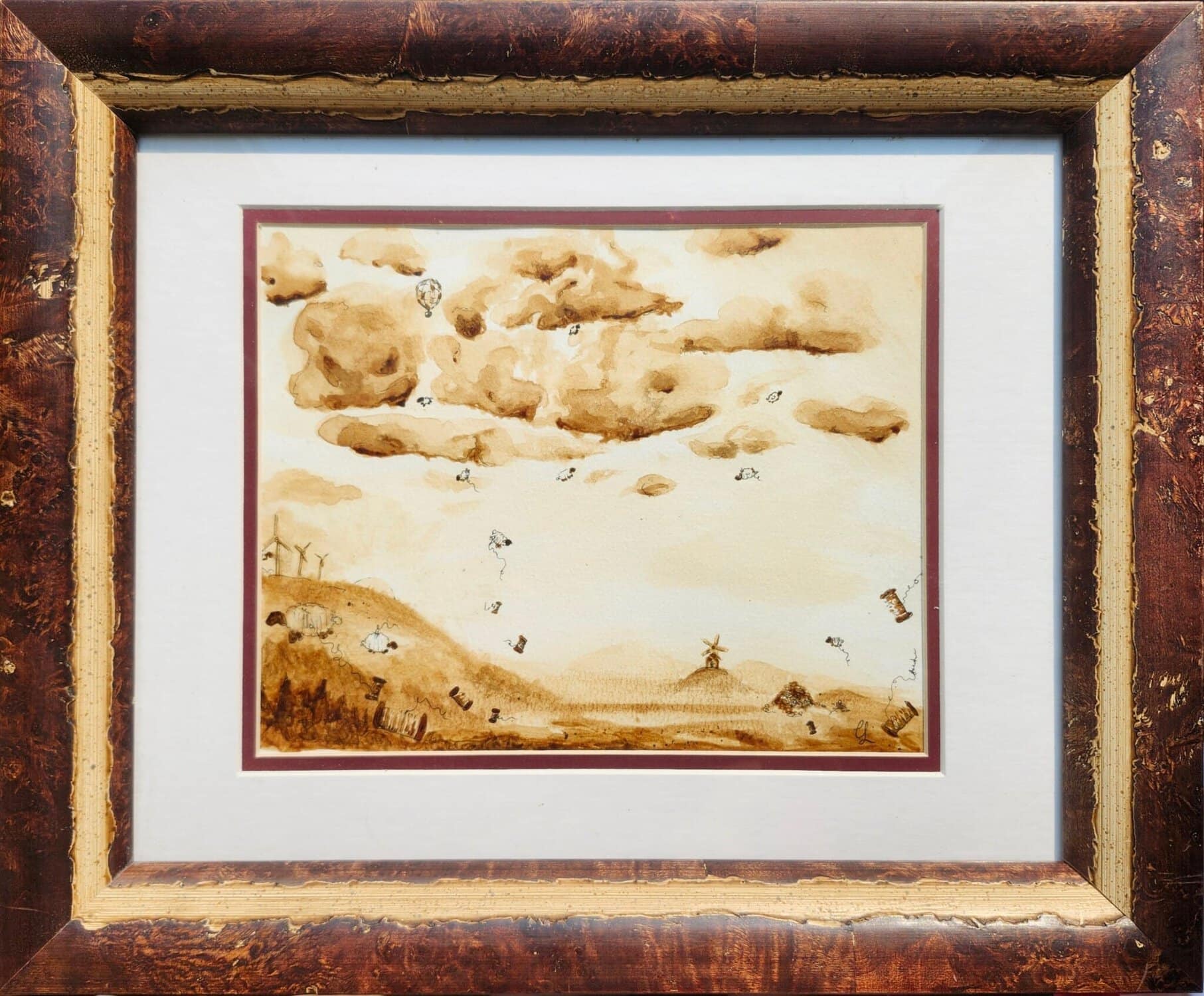 Peinture de paysage vintage avec nuages et moulin.