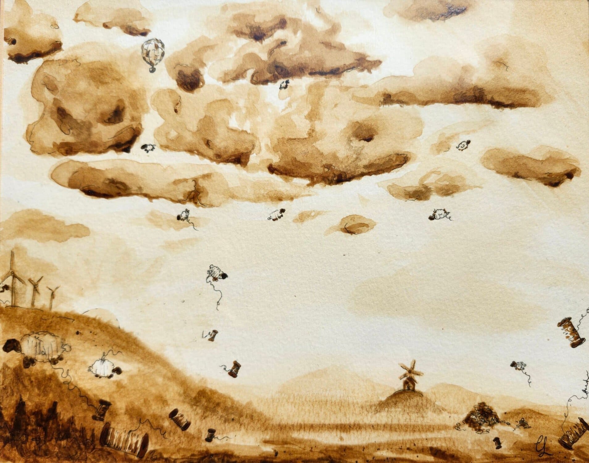 Peinture artistique représentant des nuages et un paysage avec des éléments flottants.